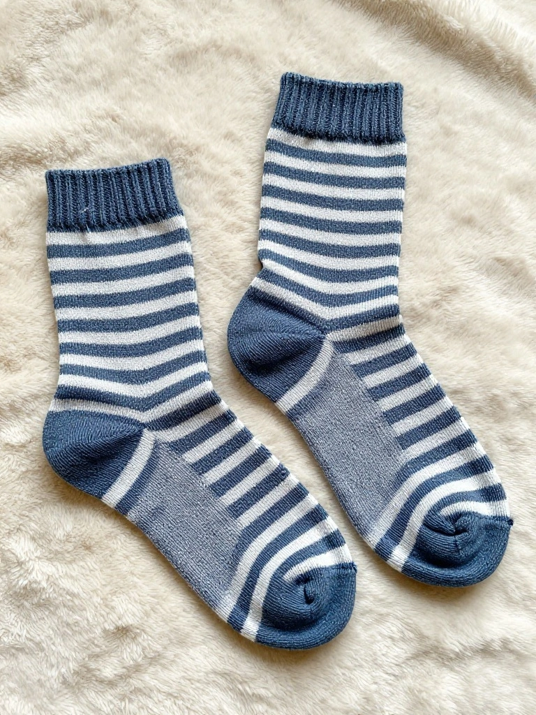 A pair of knitted ankle socks in navy blue and white stripes with ribbed cuffs and blue heel details on a white blanket.