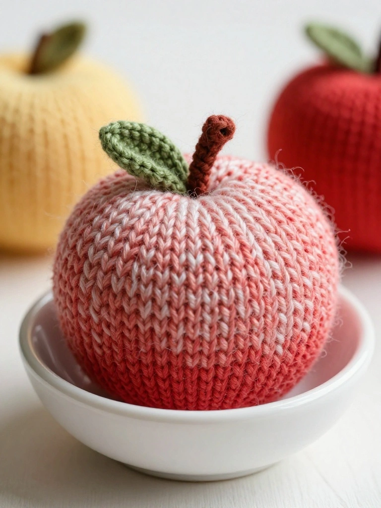 Colorful knitted plush apples with fuzzy texture, stems, and leaves, one pink-striped apple in a white bowl.