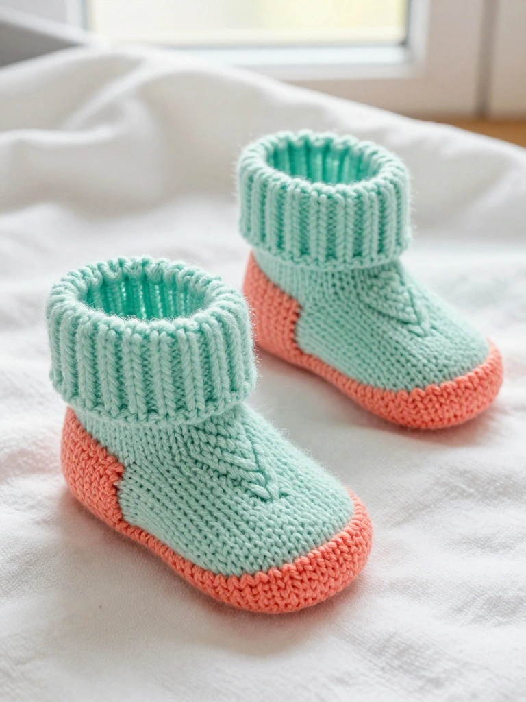 Pair of small knitted baby booties in mint green with orange soles and ribbed cuffs on a white fabric surface.