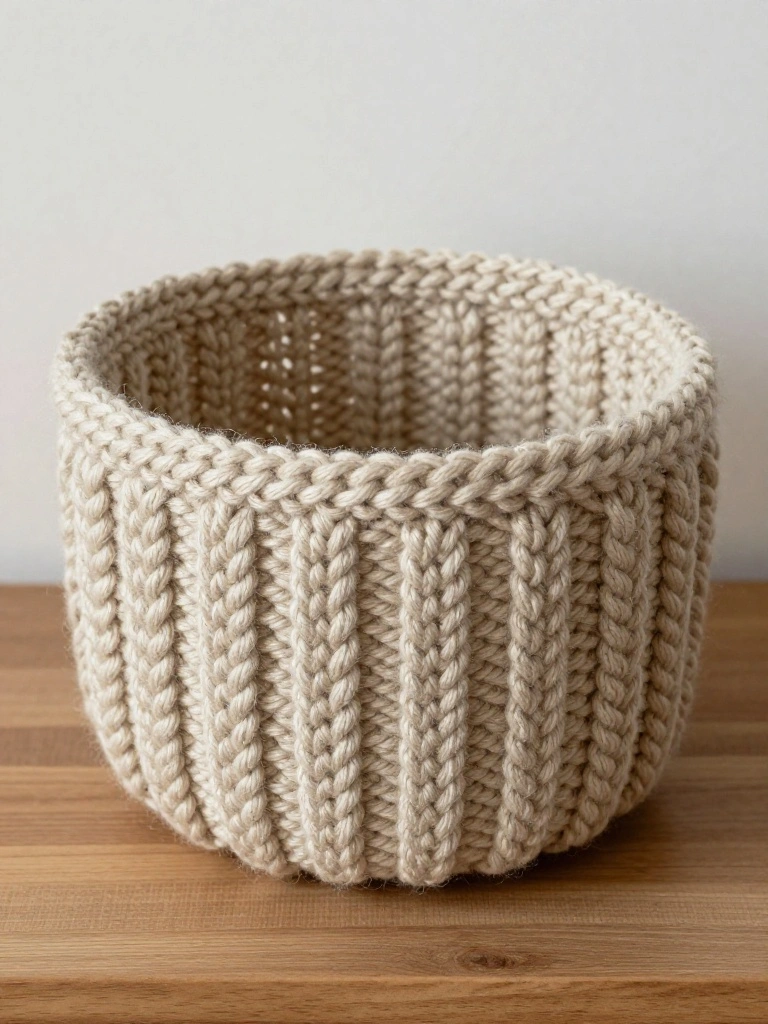 A cream-colored round knitted basket with vertical ribbed texture sits empty on a wooden table.