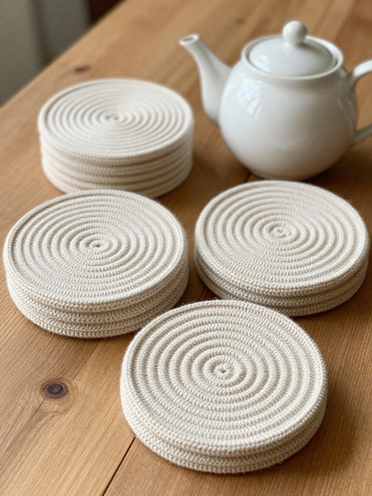 Stacks of round off-white knitted coasters with coiled rope texture next to a white teapot on a wooden table.
