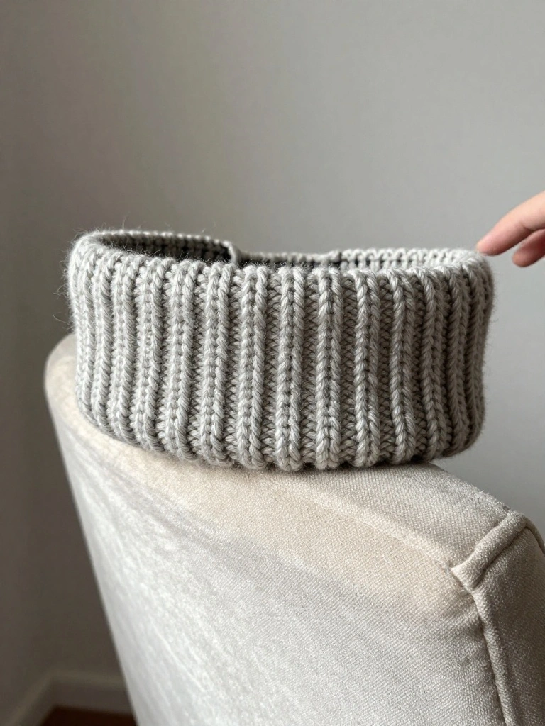 Gray fuzzy ribbed knitted headband draped over a chair back with a hand touching one edge.