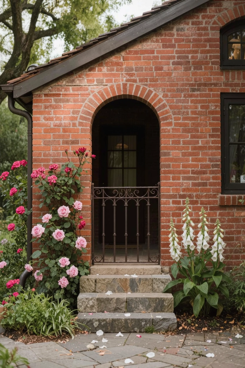 Red brick exterior of a small house featuring an arched entry with black wrought-iron gate, pink climbing roses on one side, white foxgloves on the other, and stone steps leading up.