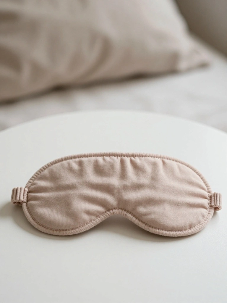 A light beige knitted sleep mask with fuzzy texture lies flat on a white table near beige pillows and bedding.