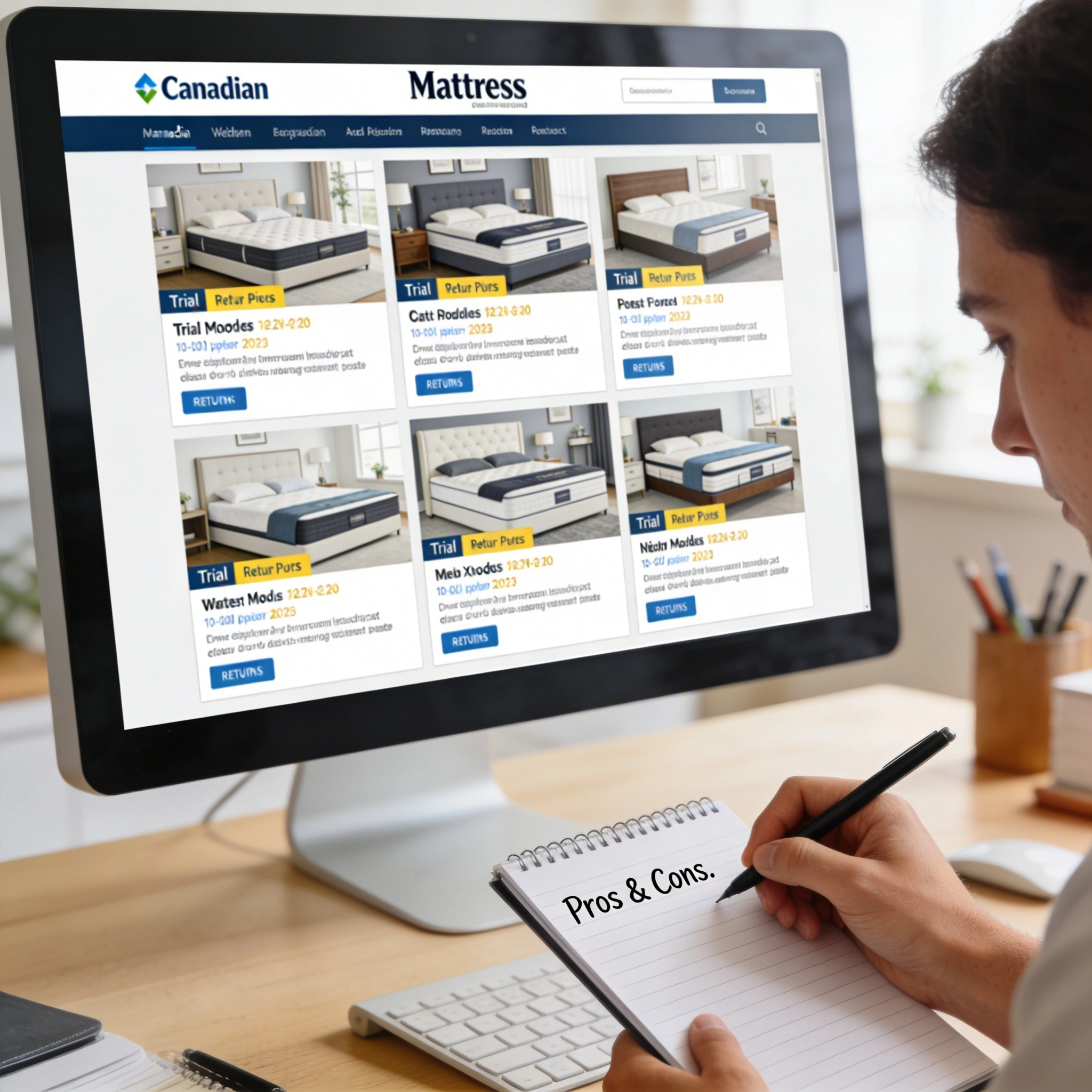 Researching Brands That Sell a Mattress Online in Canada visual: Desktop computer screen displaying multiple Canadian mattress brand websites side by side, each with different models, trial periods, and return policies highlighted. A person takes notes on a pad labeled “Pros & Cons.” Realistic photography, bright home office setting, organized and informative mood.