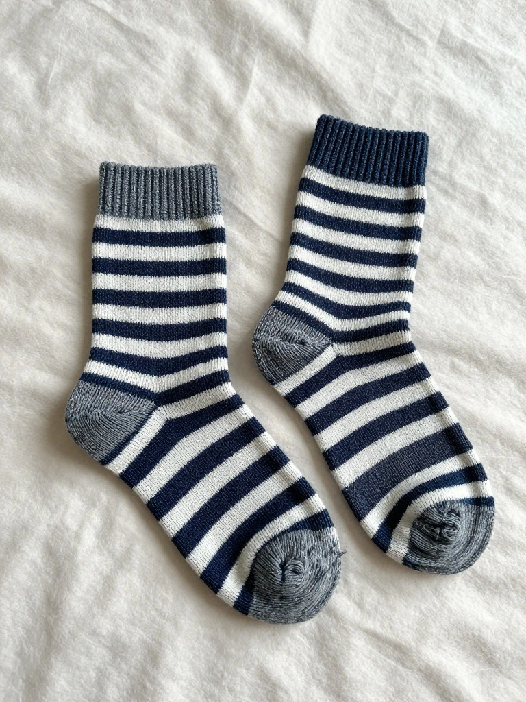 Two knitted ankle socks with navy and white stripes, gray ribbed cuffs and heels, laid flat on white fabric.