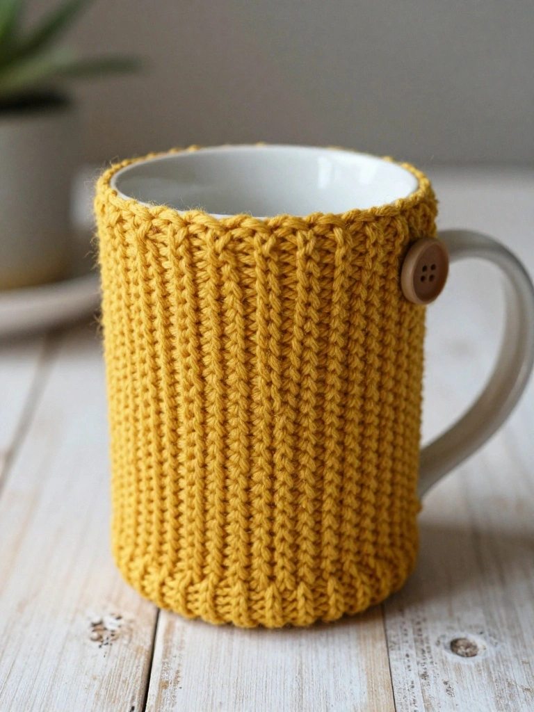 A white ceramic mug wrapped in a bright yellow knitted ribbed cozy secured with a wooden button near the handle.
