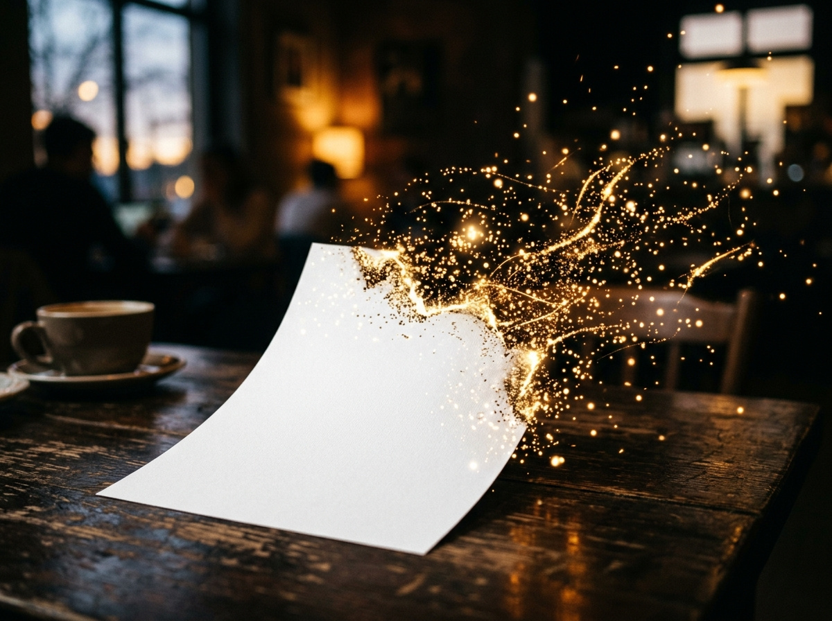 A conceptual white document dissolving into glowing digital data particles on a wooden desk.