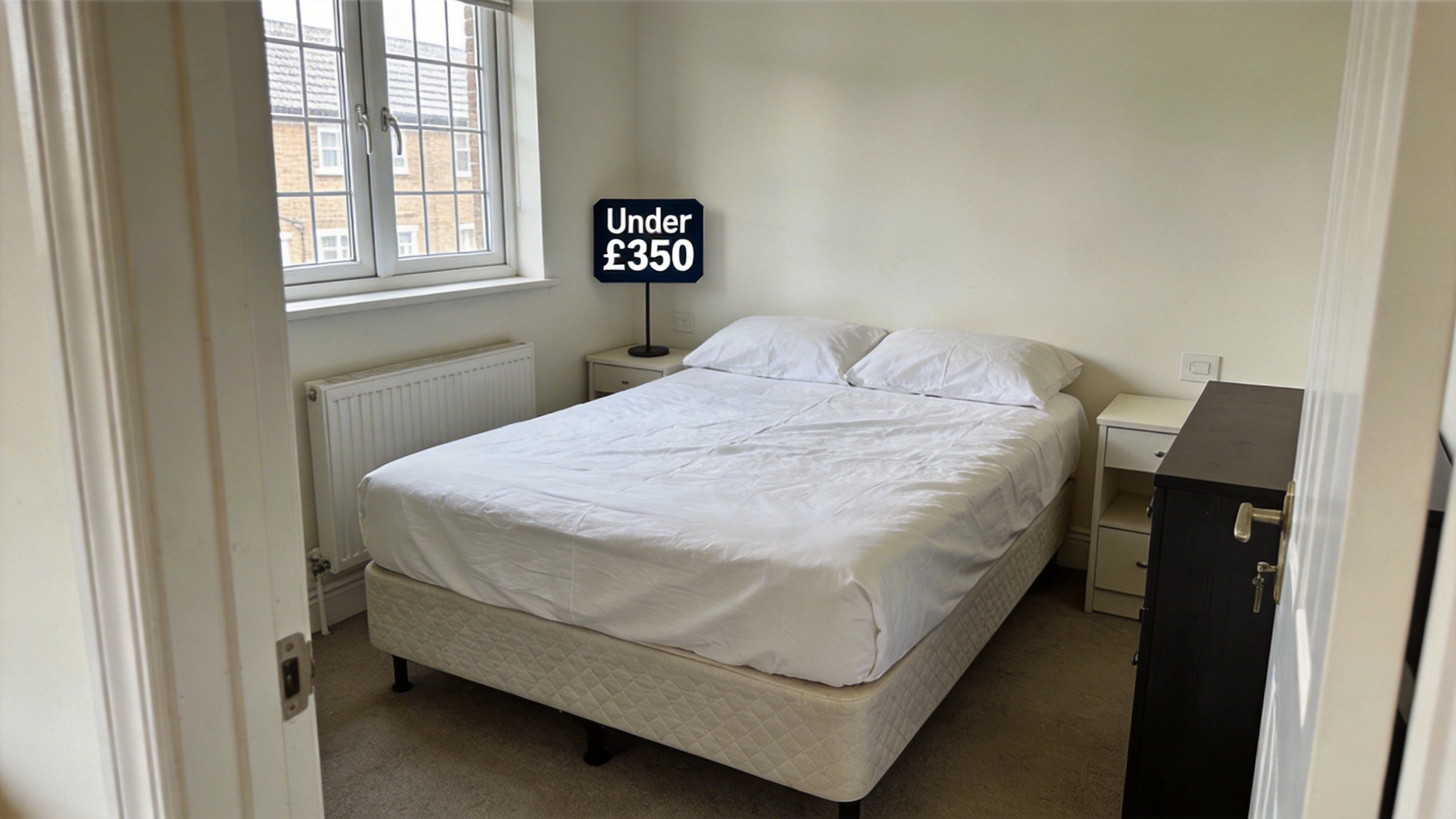 Best Mattresses Surrey Shoppers With Back Pain Should Look At visual: Small, tidy bedroom in a Surrey flat with a simple double bed, budget-friendly mattress, plain white bedding, and minimal furniture. A price tag graphic under £350 appears subtly in the corner. Natural daylight, realistic styling, modest but cosy atmosphere, shot from the doorway to show compact space and practical layout.