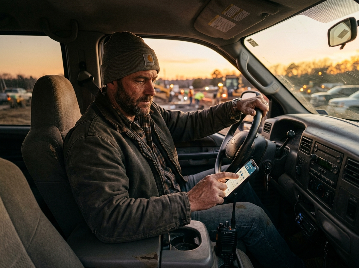 A contractor sitting inside a truck cab using a smartphone to manage business files.