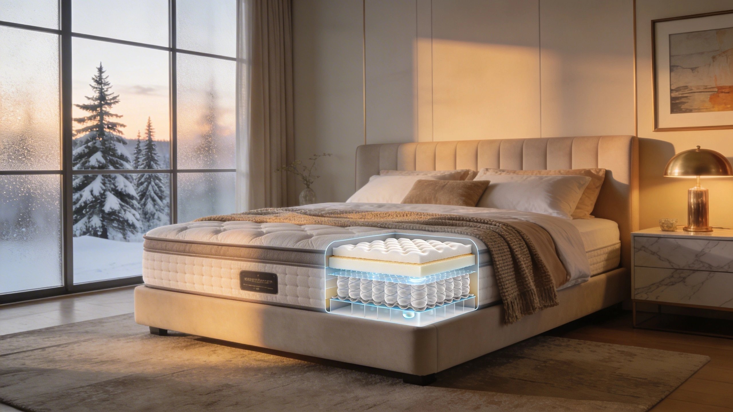Best Overall Mattresses Canada Pick for Most Sleepers visual: Luxurious master bedroom with a thick hybrid mattress on an upholstered bed, layered bedding, and tasteful decor. A subtle cutaway graphic shows multiple comfort layers and pocket coils. Warm, soft lighting, high-end finishes, large window with a wintery Canadian landscape outside. Editorial, aspirational style emphasizing long-term comfort and quality.