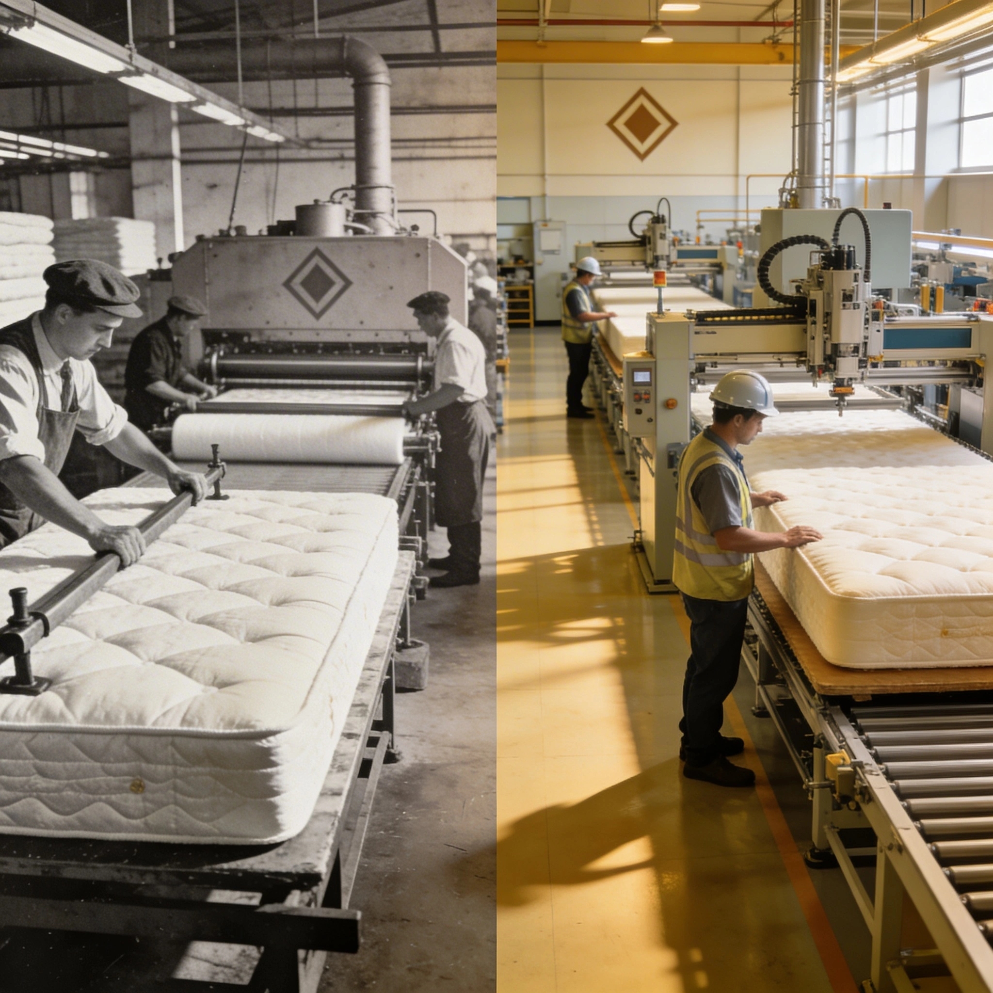 Diamond Mattress brand overview: history, values, and product lines visual: Timeline-style collage showing the evolution of Diamond Mattress: a vintage black-and-white factory scene from the 1940s, transitioning to a modern, bright manufacturing floor with advanced machinery and workers inspecting mattresses. Include subtle brand elements like a diamond motif, warm color grading, documentary/editorial photography style, no overlaid text.