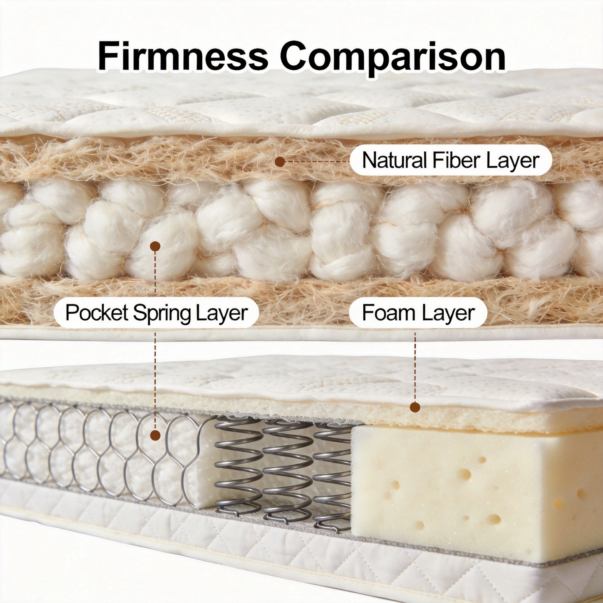 Indian Style Mattress vs Standard Canadian Mattress: Main Differences visual: Close-up cross-section illustration of an Indian style mattress showing layers of densely packed cotton or natural fibers, contrasted beside a cross-section of a pocket spring and foam mattress. Simple, infographic-style image with clean labels, neutral colors, and a white background, emphasizing material differences and firmness.