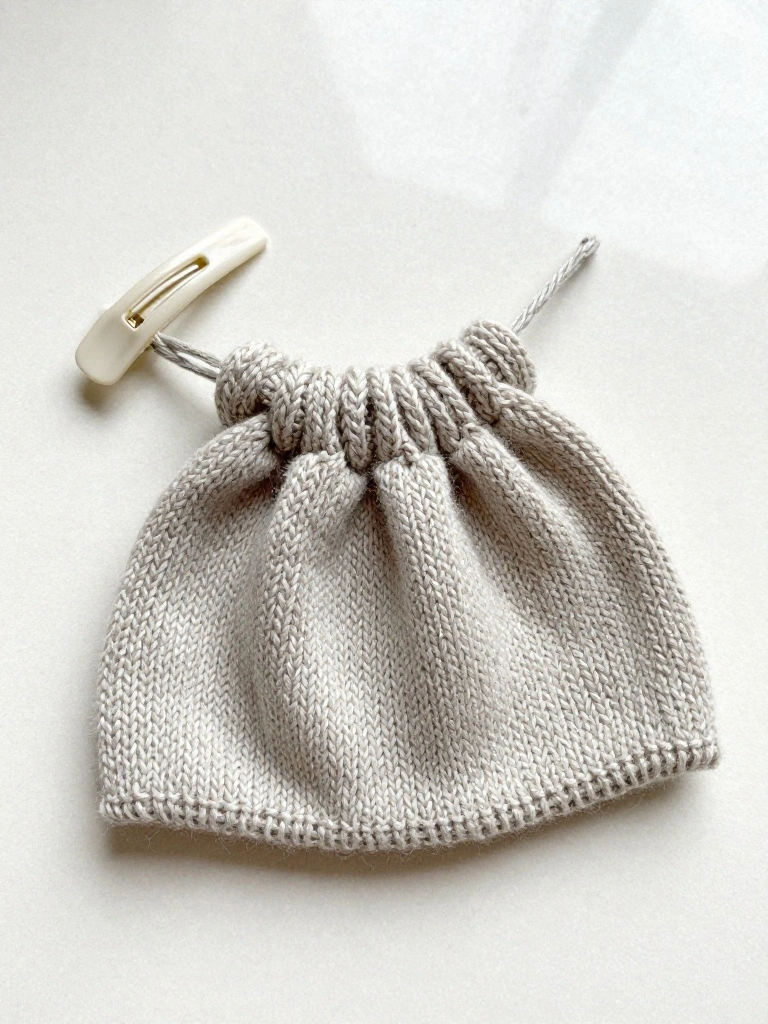 Gray knitted baby hat crown with gathered pleats held by a white clip and attached yarn on a white surface.