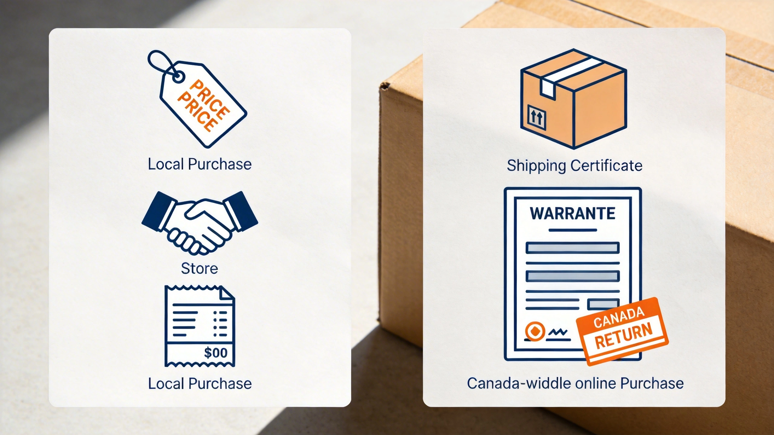 Pros of Buying an Indian Mattress Near Me from Local Retailers visual: Side-by-side comparison graphic: on one side a price tag, handshake, and store receipt symbolizing local purchase; on the other a shipping box, warranty certificate, and return label symbolizing Canada-wide online purchase. Clean flat-design infographic style, muted blues and oranges, clear but non-textual icons.