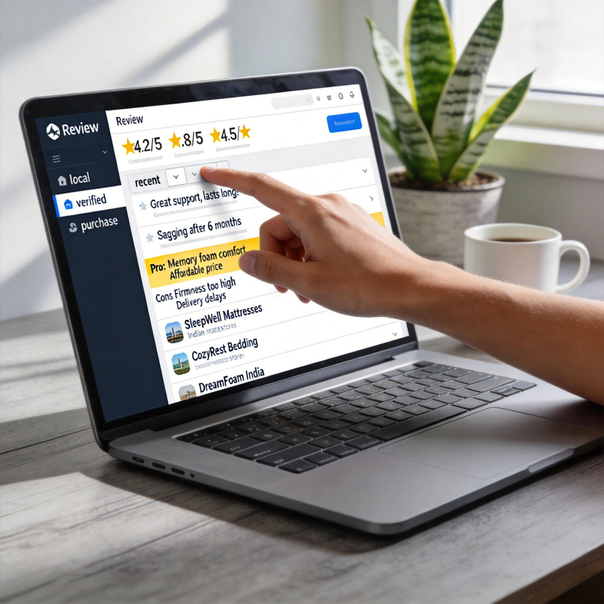 Reading Reviews and Ratings for Any Indian Mattress Store Near Me visual: Close-up of a laptop screen displaying a review site with star ratings, detailed customer reviews, and highlighted pros and cons for several Indian mattress stores. A hand hovers over filters like “recent,” “local,” and “verified purchase.” Calm, neutral-toned desk setup. Realistic photography style.
