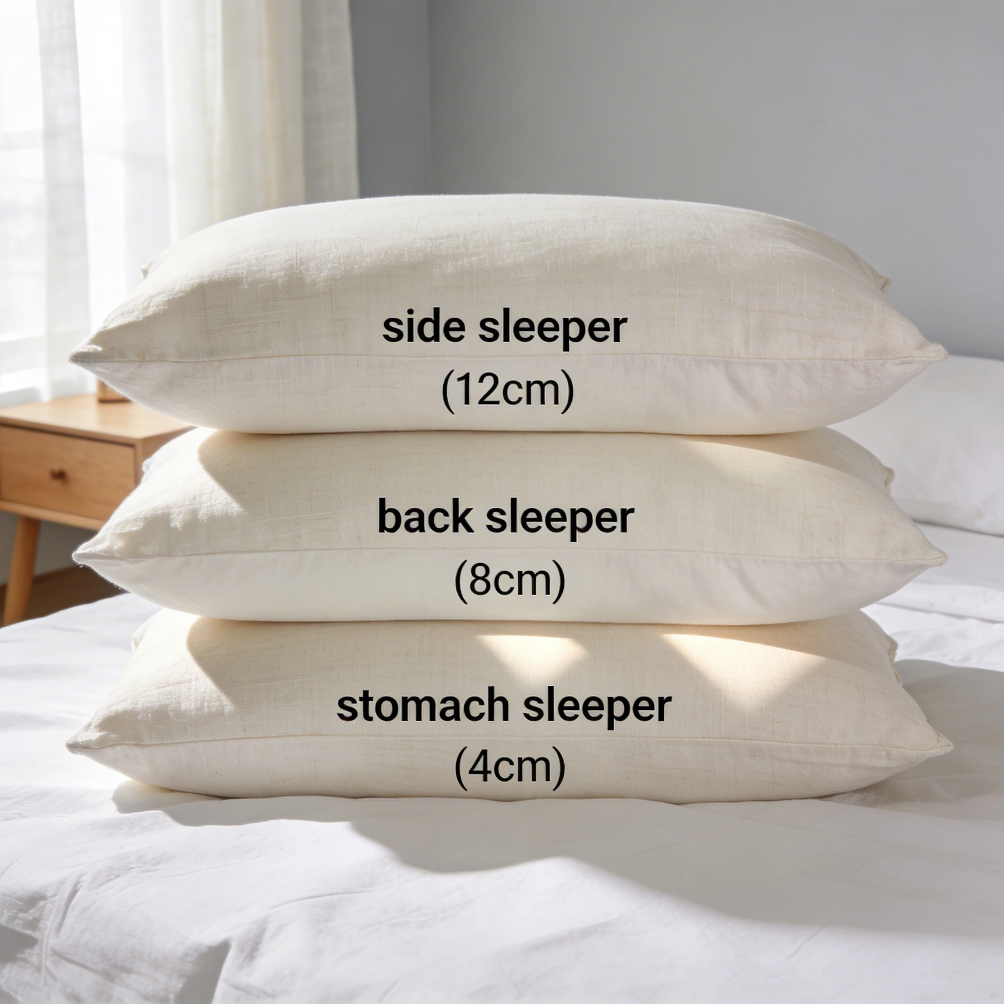 Choosing the right adjustable pillow for side, back, and stomach sleepers visual: Three pillows labeled side sleeper, back sleeper, and stomach sleeper on a bed. Each has a different visible loft: highest for side, medium for back, very low for stomach. Minimalist bedroom setting, soft daylight, realistic photography emphasizing the contrast in pillow thickness and sleep positions.