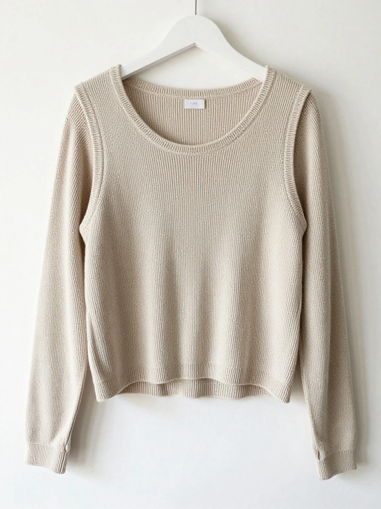 Cream-colored cropped knitted sweater with dolman sleeves and fuzzy texture hanging on a white hanger.