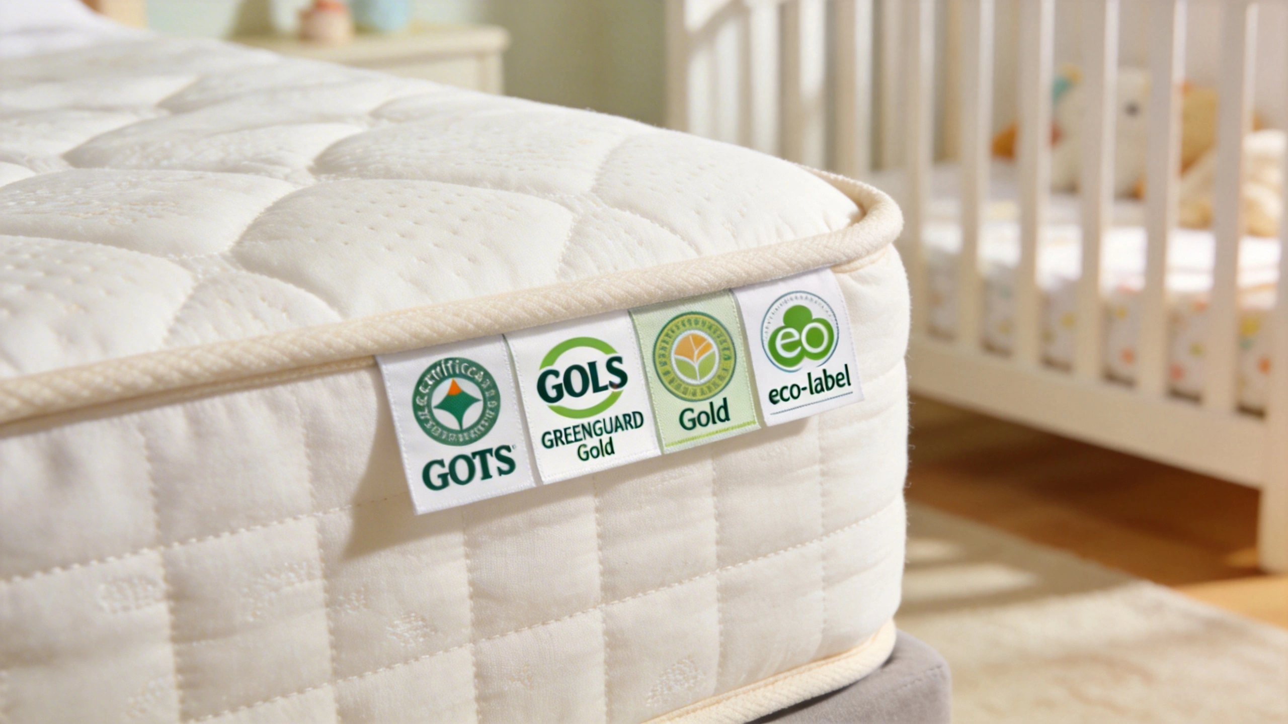 Safety Standards for an Organic Crib Mattress in Canada visual: Close-up of a mattress corner with several certification tags visible, such as GOTS, GOLS, GREENGUARD Gold, and an eco-label, against a light nursery background. Soft focus on the tags, warm natural light, professional product photography emphasizing trust, transparency, and verified organic standards.