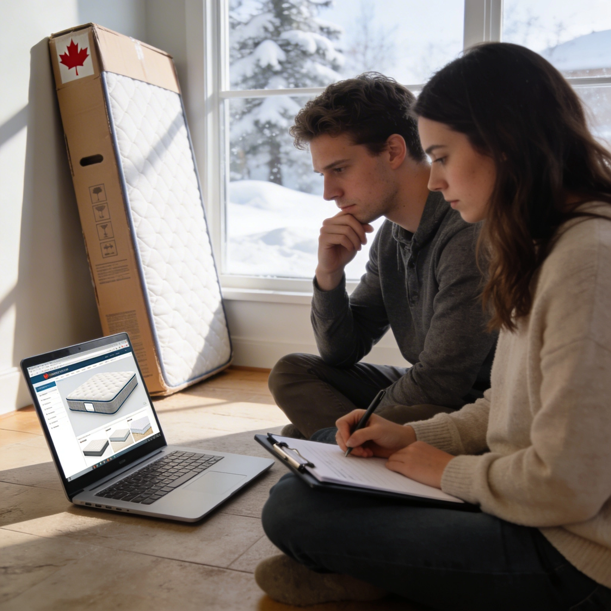 Is Buying a Mattress Online in Canada Right for You? visual: Young Canadian couple sitting on the floor with a laptop, looking at mattress options online, a cardboard mattress-in-a-box leaning against the wall, snow visible outside the window. One person looks thoughtful, the other checks notes on a clipboard. Bright, realistic photography, warm indoor lighting, calm and reflective mood.