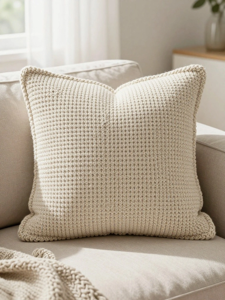 Off-white square knitted pillow with bumpy textured knit on a light sofa next to knitted throw.