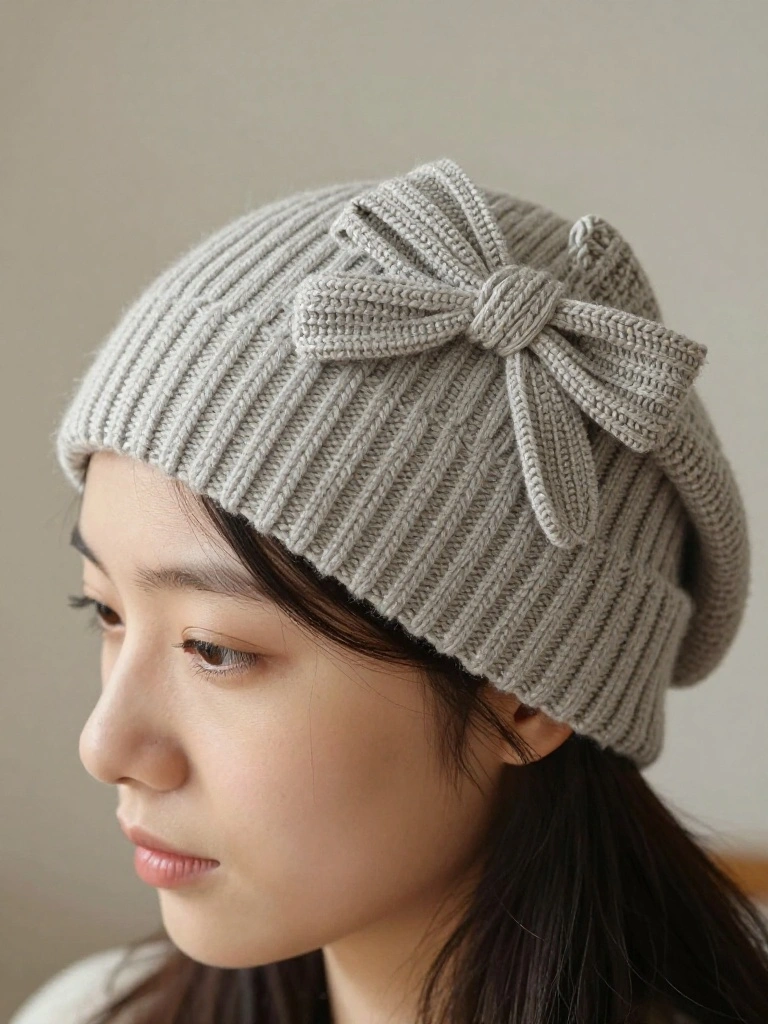 Side profile of a woman wearing a light gray ribbed knitted beanie topped with a large matching bow.