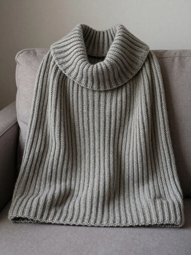 Gray chunky ribbed knitted poncho with oversized turtleneck collar draped over a gray couch arm.