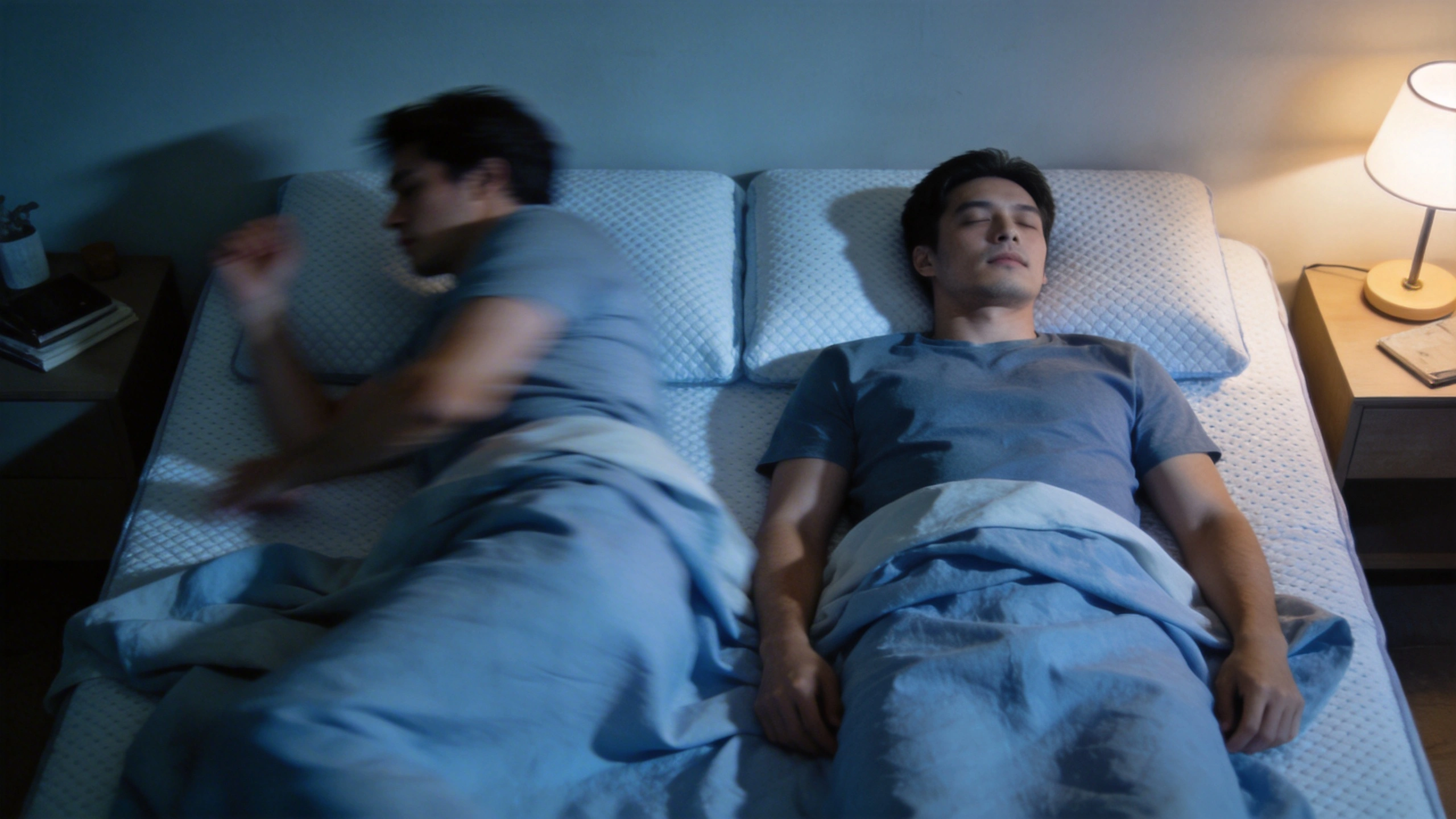 Unboxing and First Impressions: Hotel Collection Mattress Review visual: Nighttime bedroom scene with a couple in bed: one partner turning over while the other remains undisturbed, showing motion isolation. A subtle, cool blue lighting tone suggests good temperature regulation, with a breathable-looking mattress cover and lightweight duvet. Photorealistic, cozy but modern, focus on calm sleep and minimal disturbance.