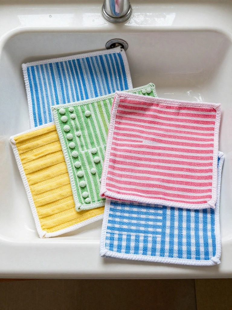 Colorful knitted square dishcloths with stripes and bobble edges sit stacked in a white sink.