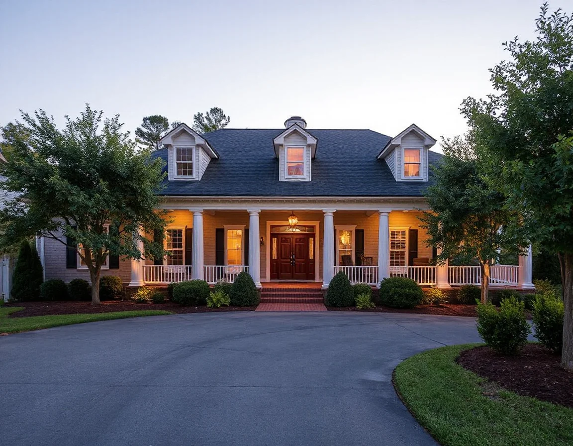 Lake-area home exterior with porch and landscaping