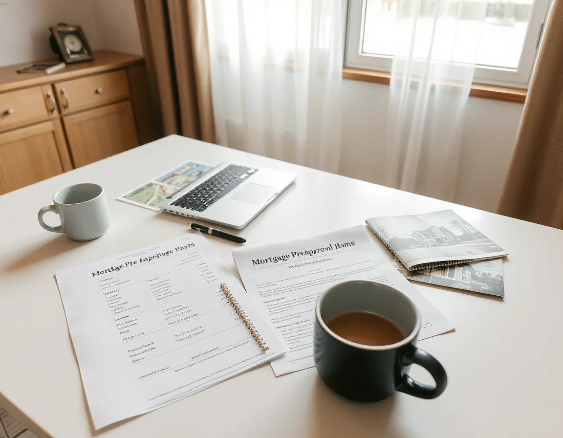 Home buying paperwork and preapproval documents on a desk