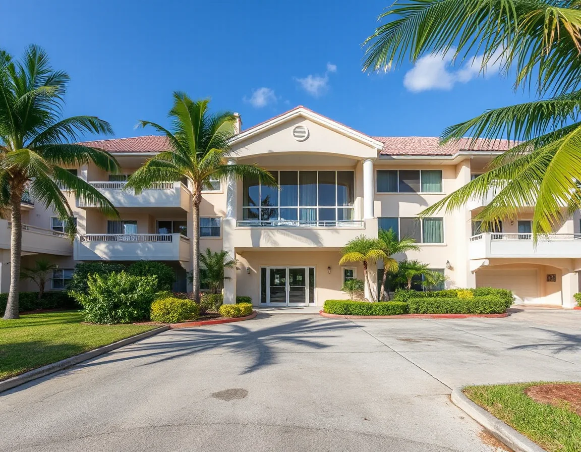 Waterfront condominium exterior with tropical landscaping