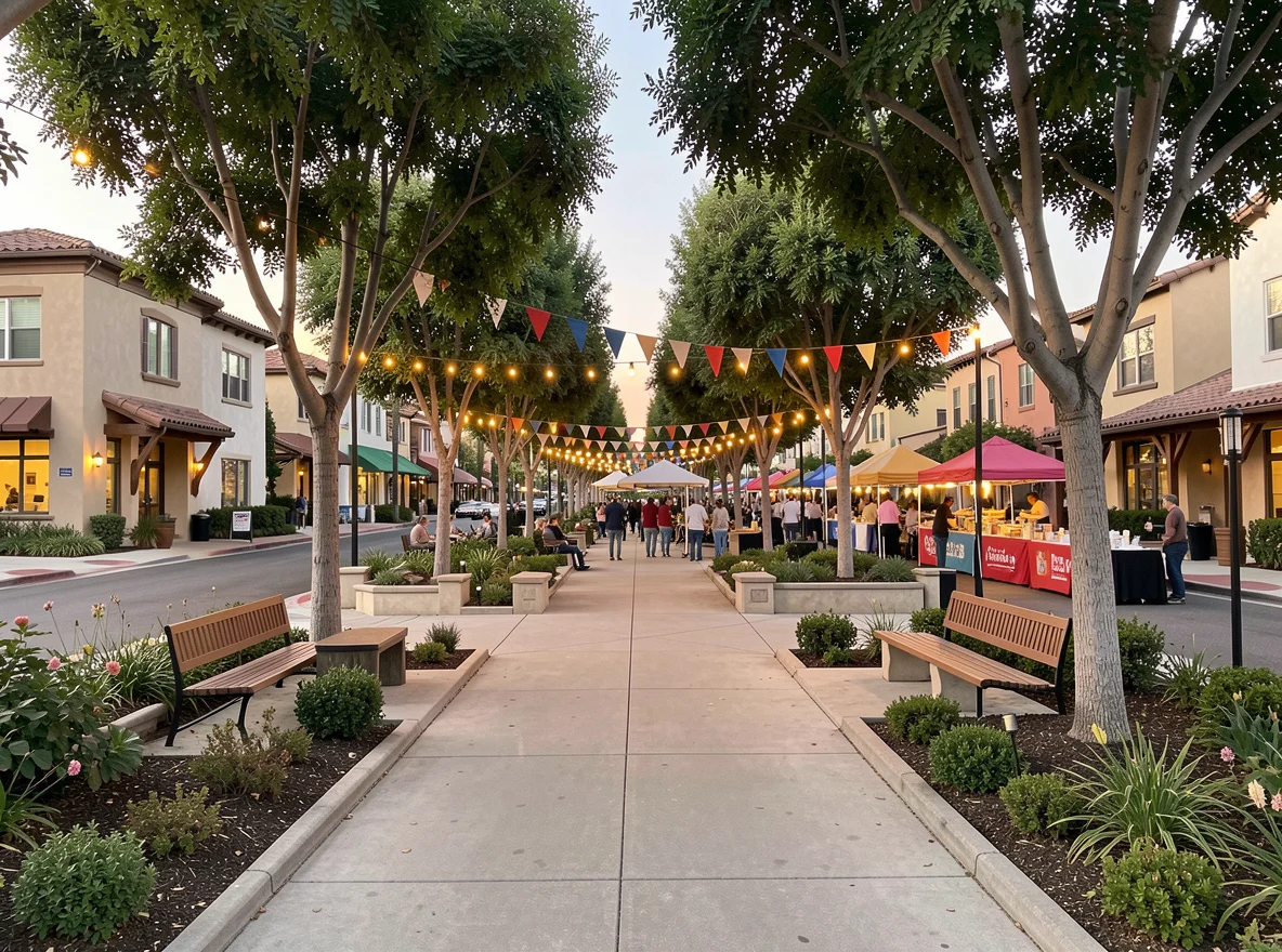 Tree-lined public plaza in Irvine