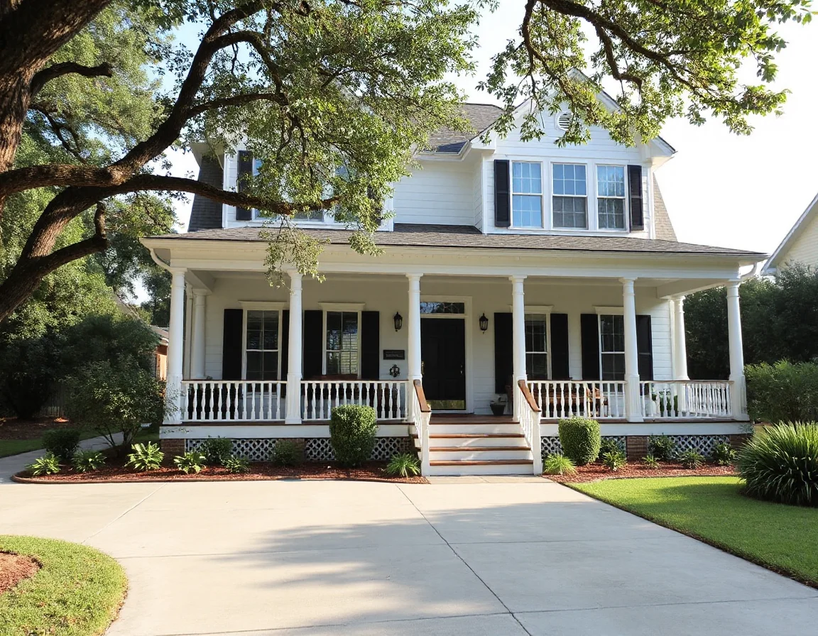 Historic coastal home exterior with landscaped front yard