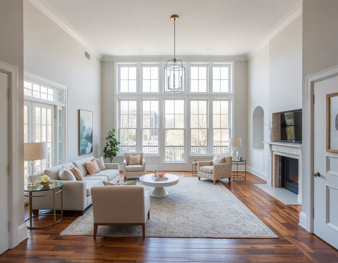 Staged historic living room with original architectural details