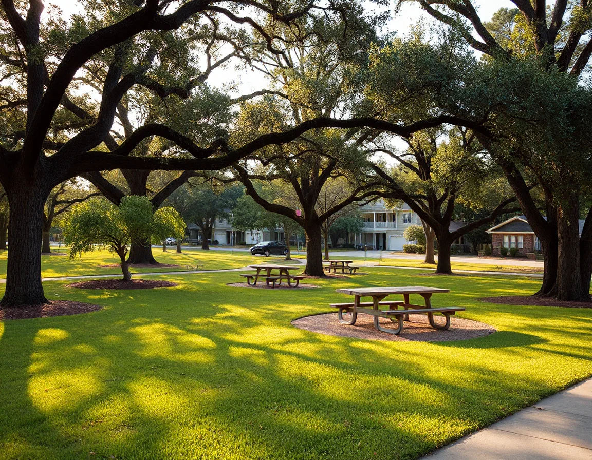 Neighborhood green space with walking paths and mature trees