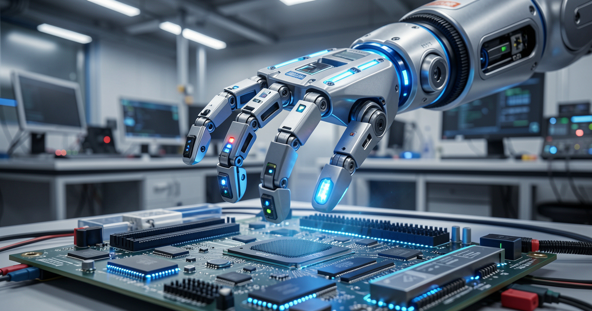 Main robotique intelligente avec capteurs et actionneurs, exemple de robot IA industriel pour la manipulation de précisi