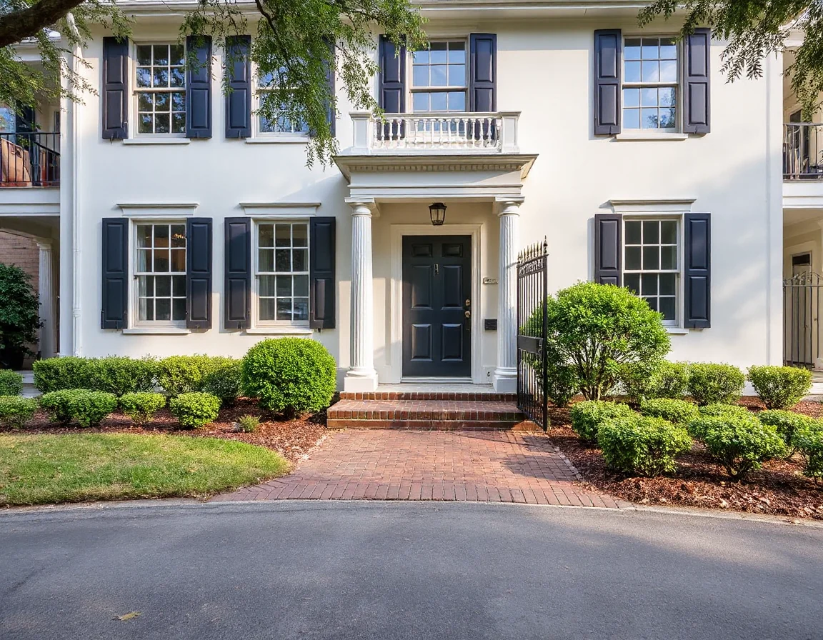 Historic Charleston home exterior with brick walkway and shutters