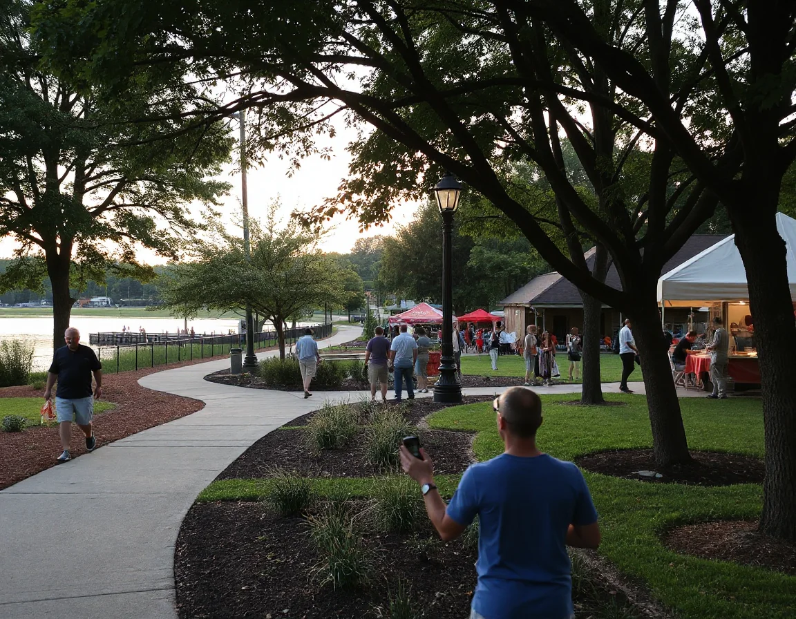 Greenway and landscaped community space near the lake
