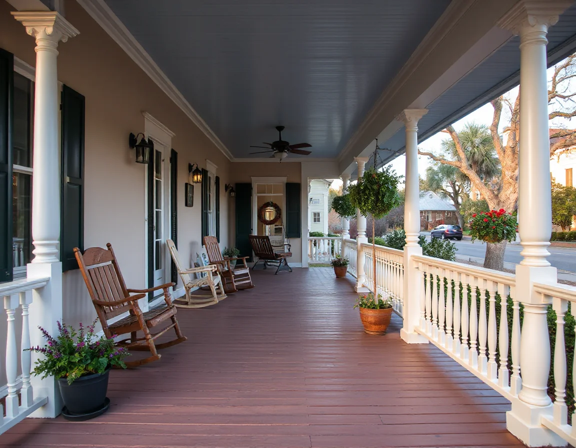 Historic front porch with fresh paint and greenery