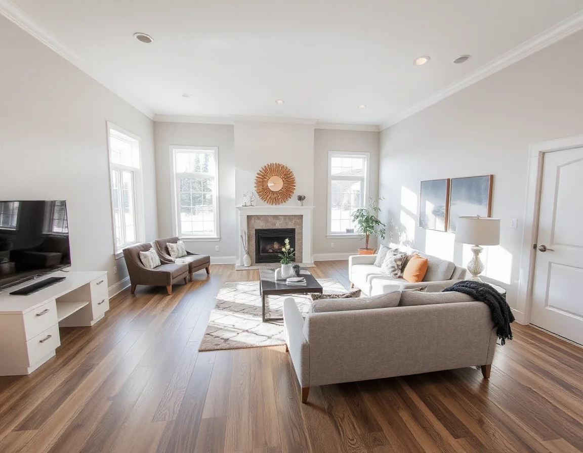 Living room with updated flooring and neutral paint