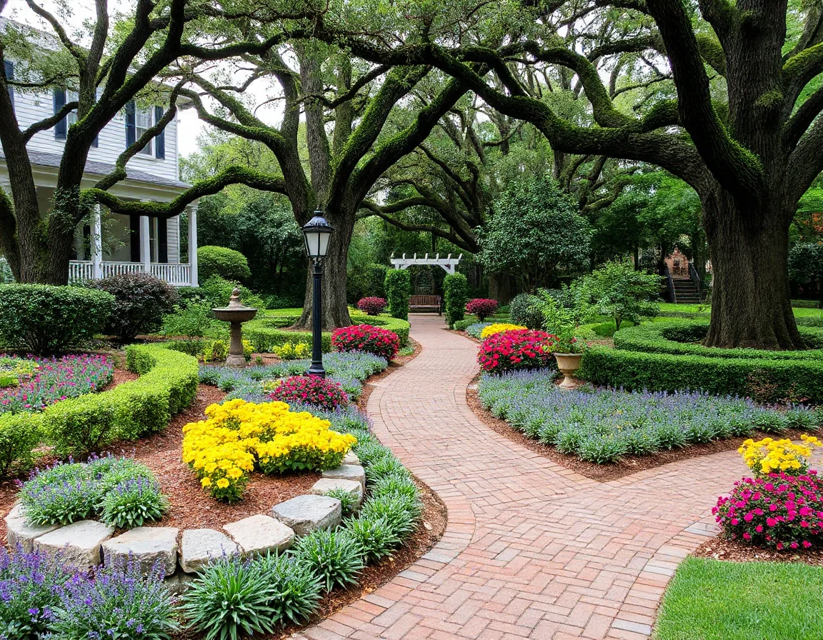 Landscaped front garden and brick walkway at a coastal home