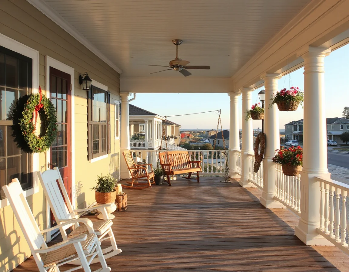 Coastal porch with ocean-facing seating area