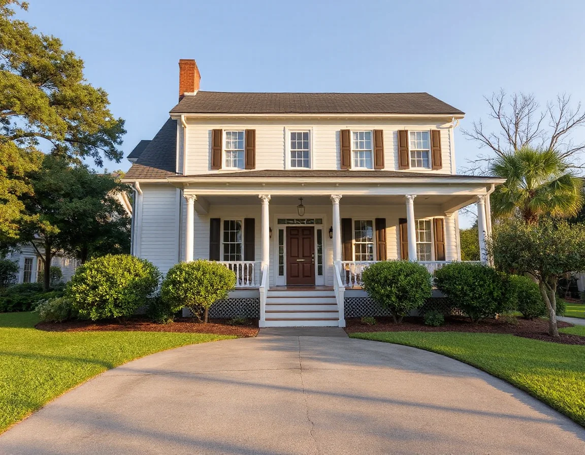 Historic-style coastal home exterior with porch and landscaping