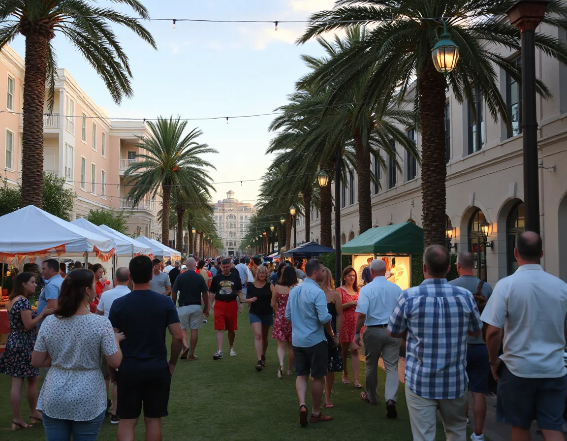 Palm-lined community gathering area in Naples