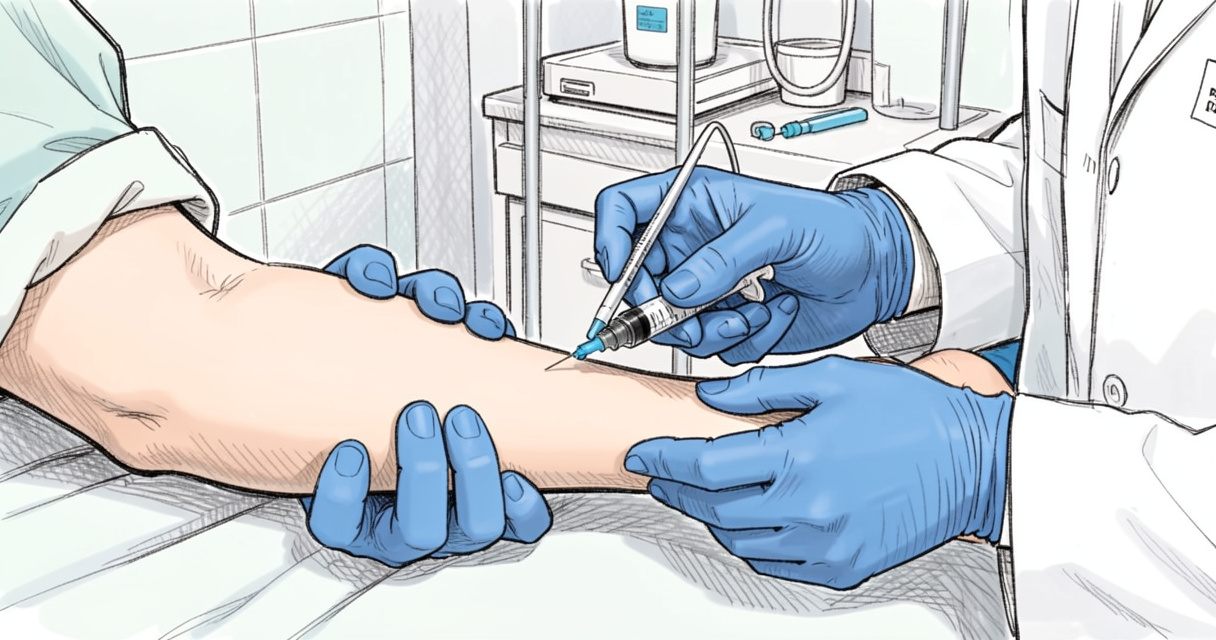 Prise de sang réalisée par un biologiste au Laboratoire des Cèdres à Échirolles