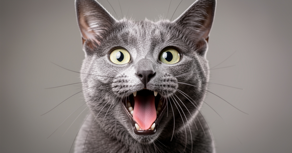 Chat gris miaulant la bouche ouverte signification miaulement