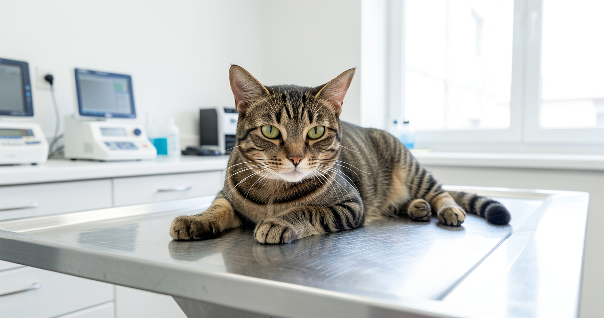 Chat allongé sur la table d'examen vétérinaire cause médicale miaulement