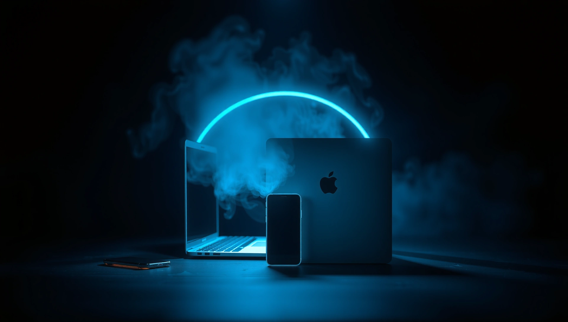 A laptop and a phone facing each other in a dark room, lit by a single cool light.