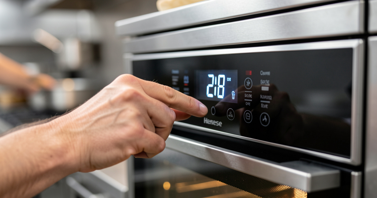Réglage de la température sur l'écran tactile d'un four encastrable Hisense O643PG par un chef cuisinier